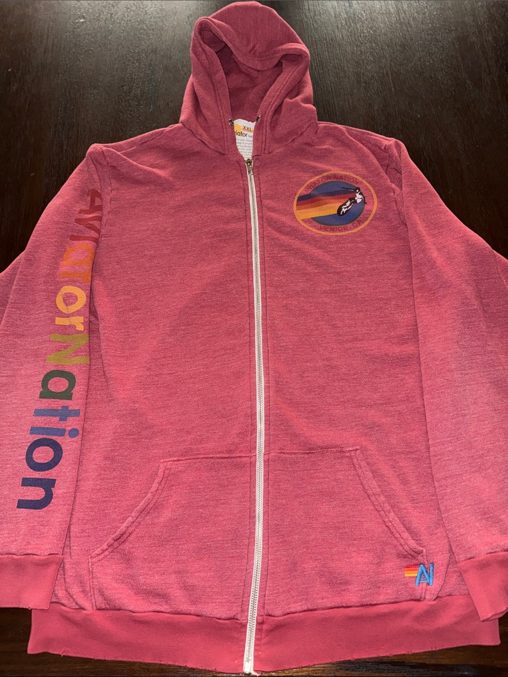 Aviator Nation Heather Red Zip Hoodie with Rainbow Sleeve Logo XXL